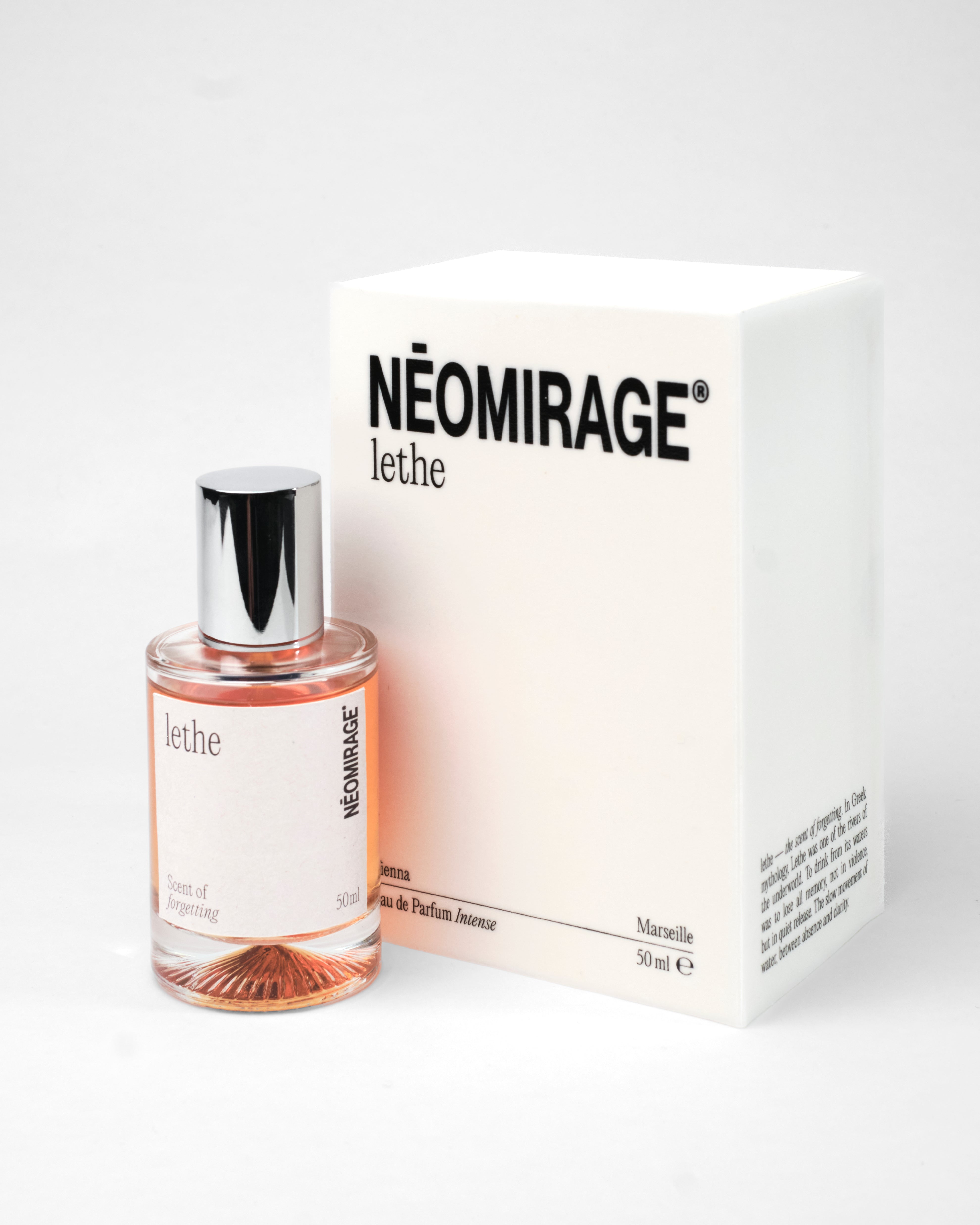Neomirage Lethe perfume bottle and packaging on a white background