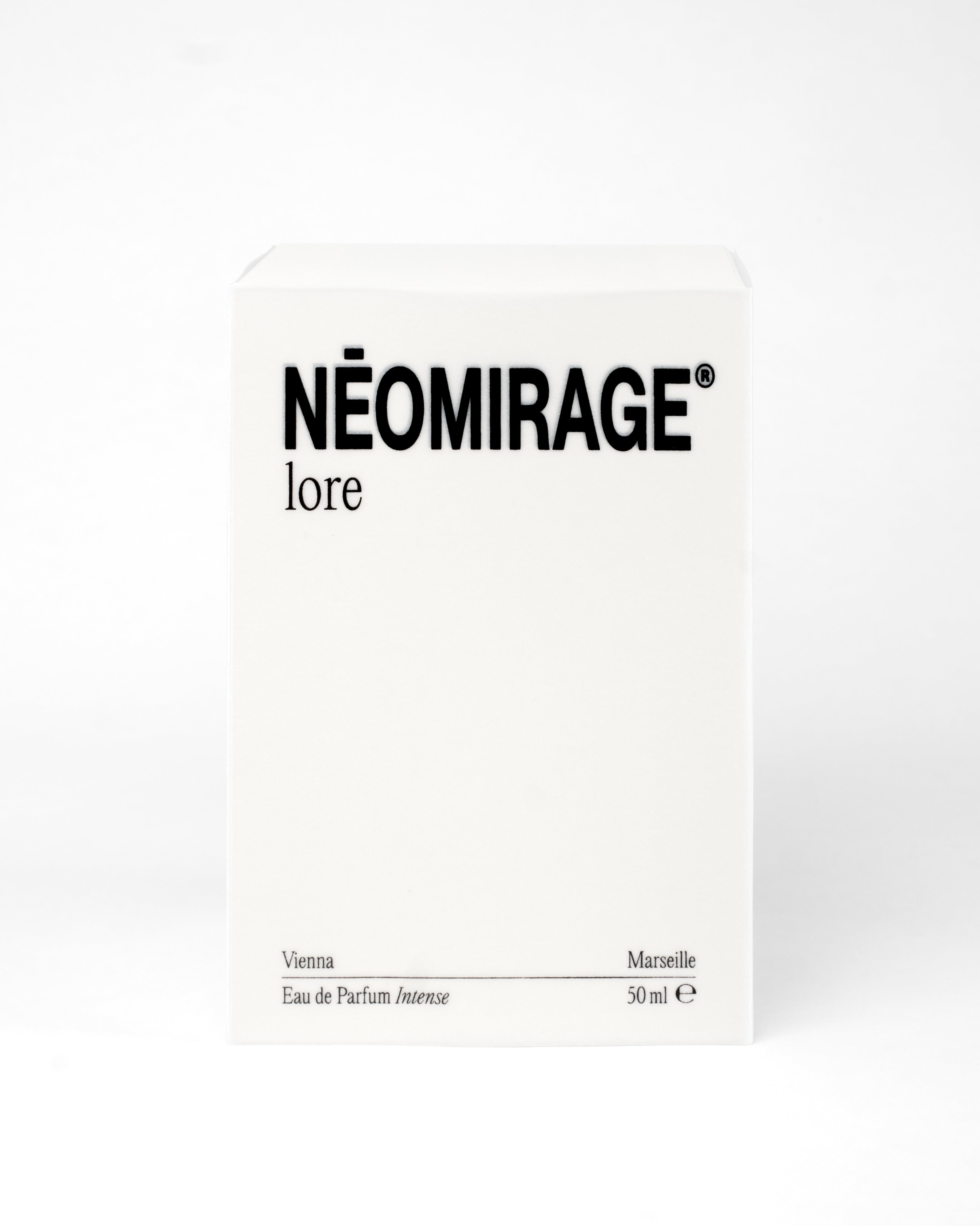 Perfume bottle packaging labeled 'lore' by 'Neomirage' on a white background