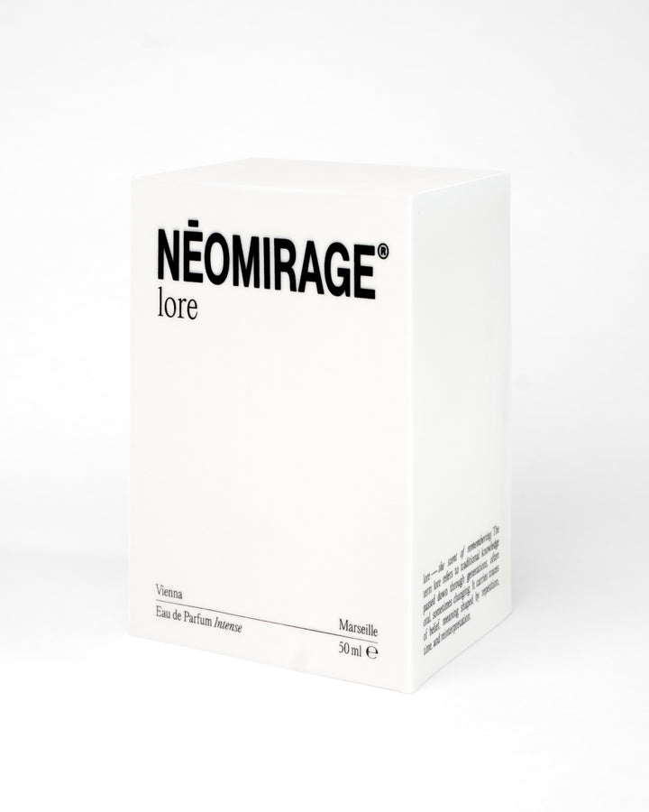 Perfume packaging labeled 'lore' by 'Neomirage' on a white background