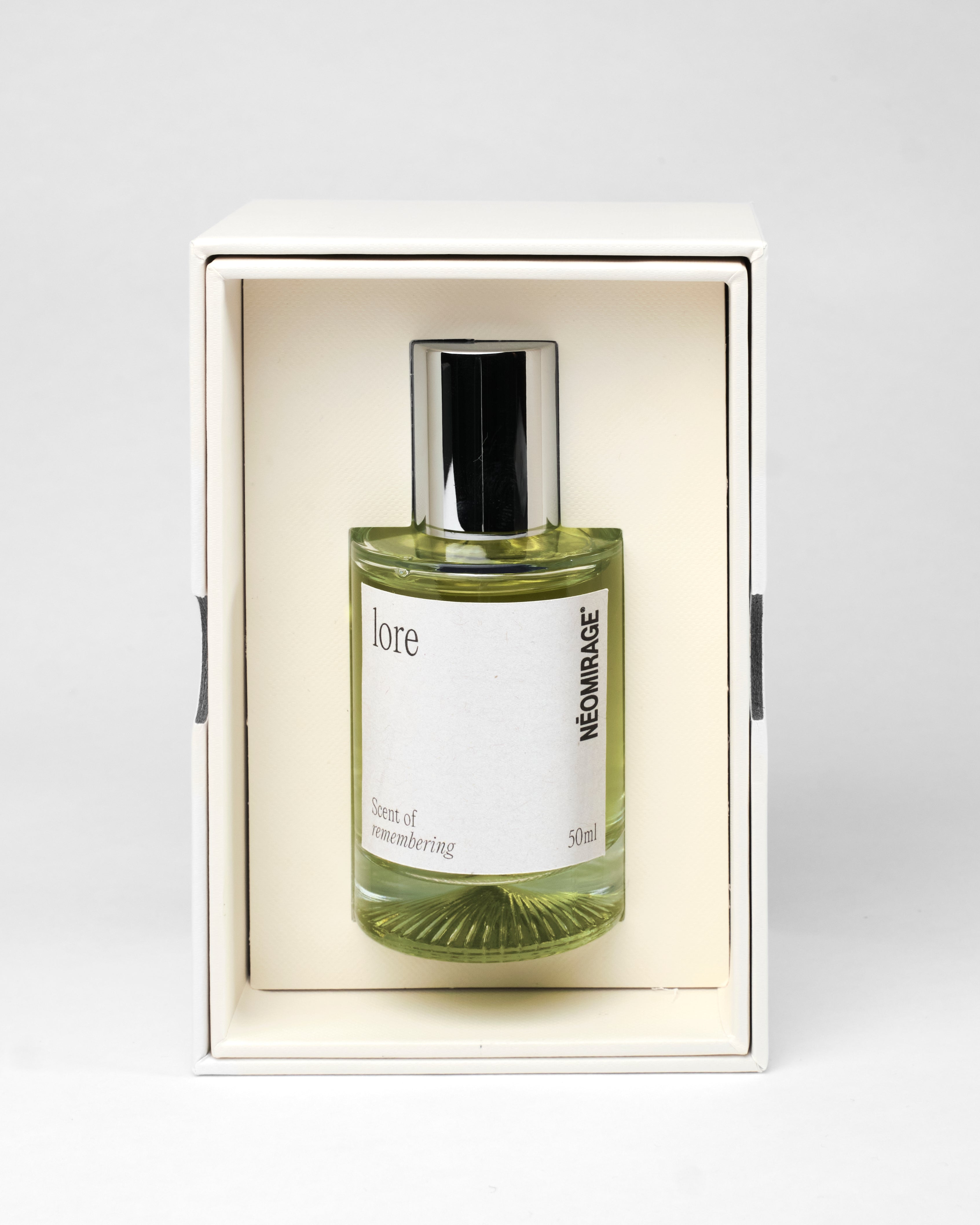 Perfume bottle and packaging labeled 'lore' by 'Neomirage' on a white background