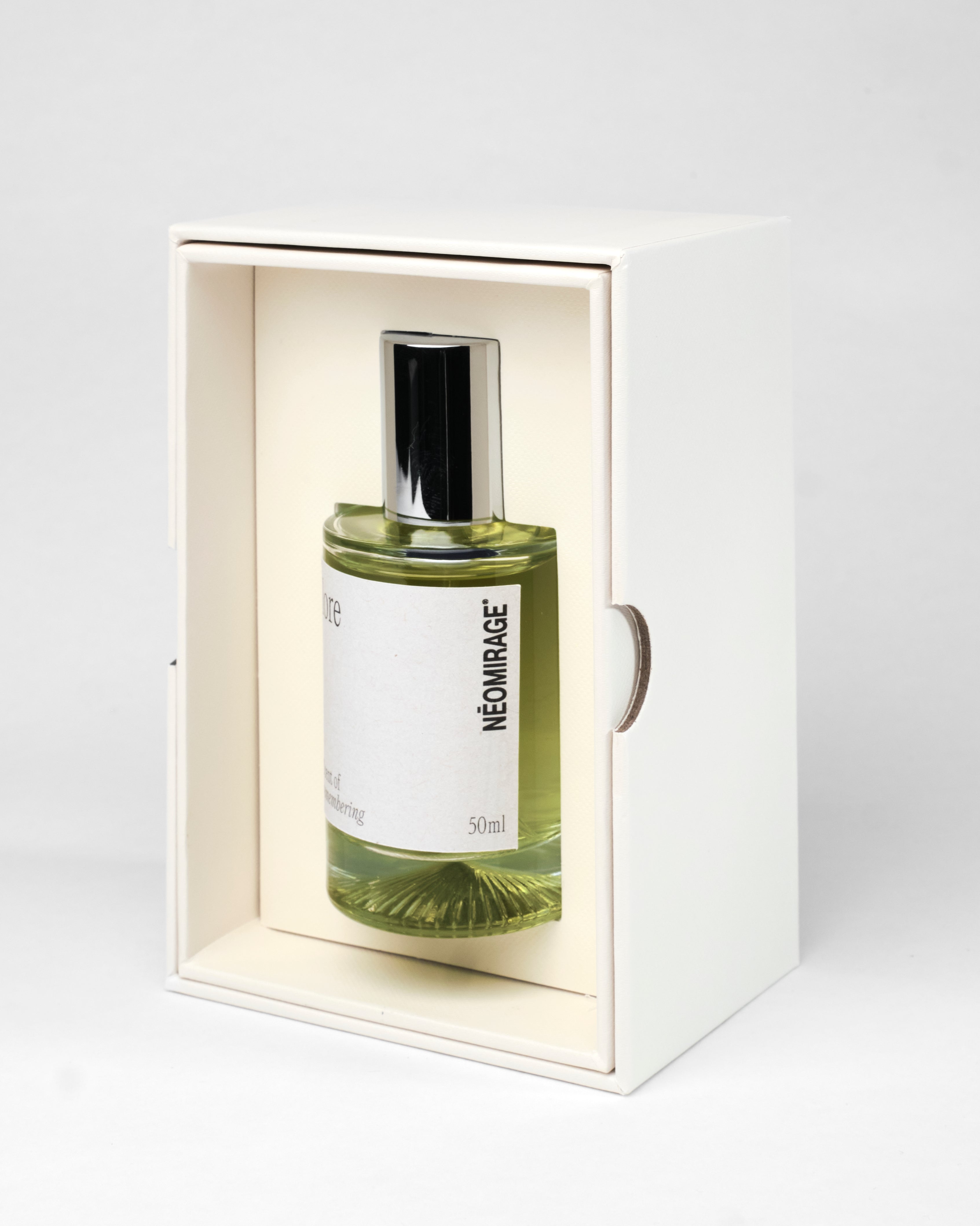 Perfume bottle and packaging labeled 'lore' by 'Neomirage' on a white background