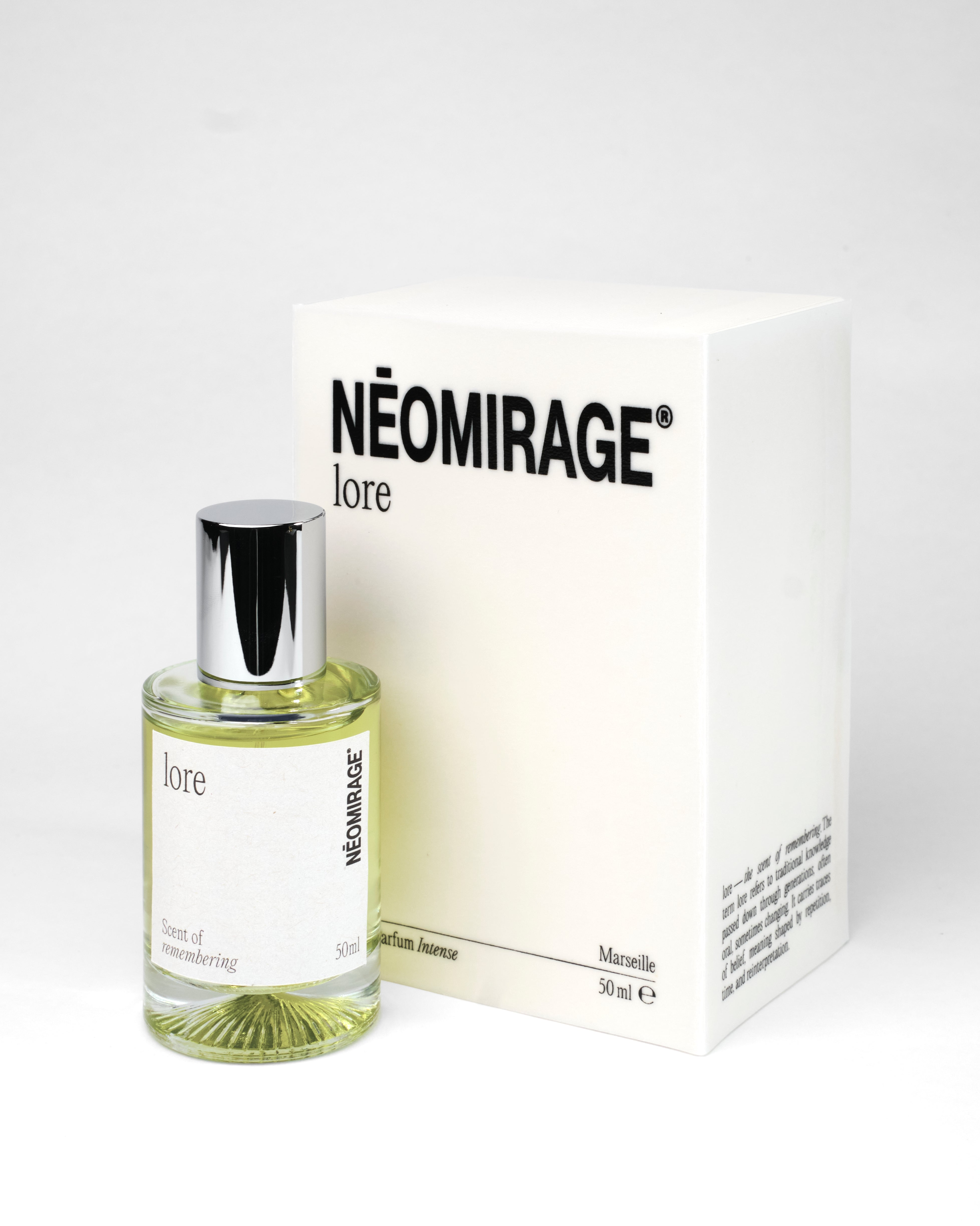Néomirage lore perfume bottle and packaging on a white background