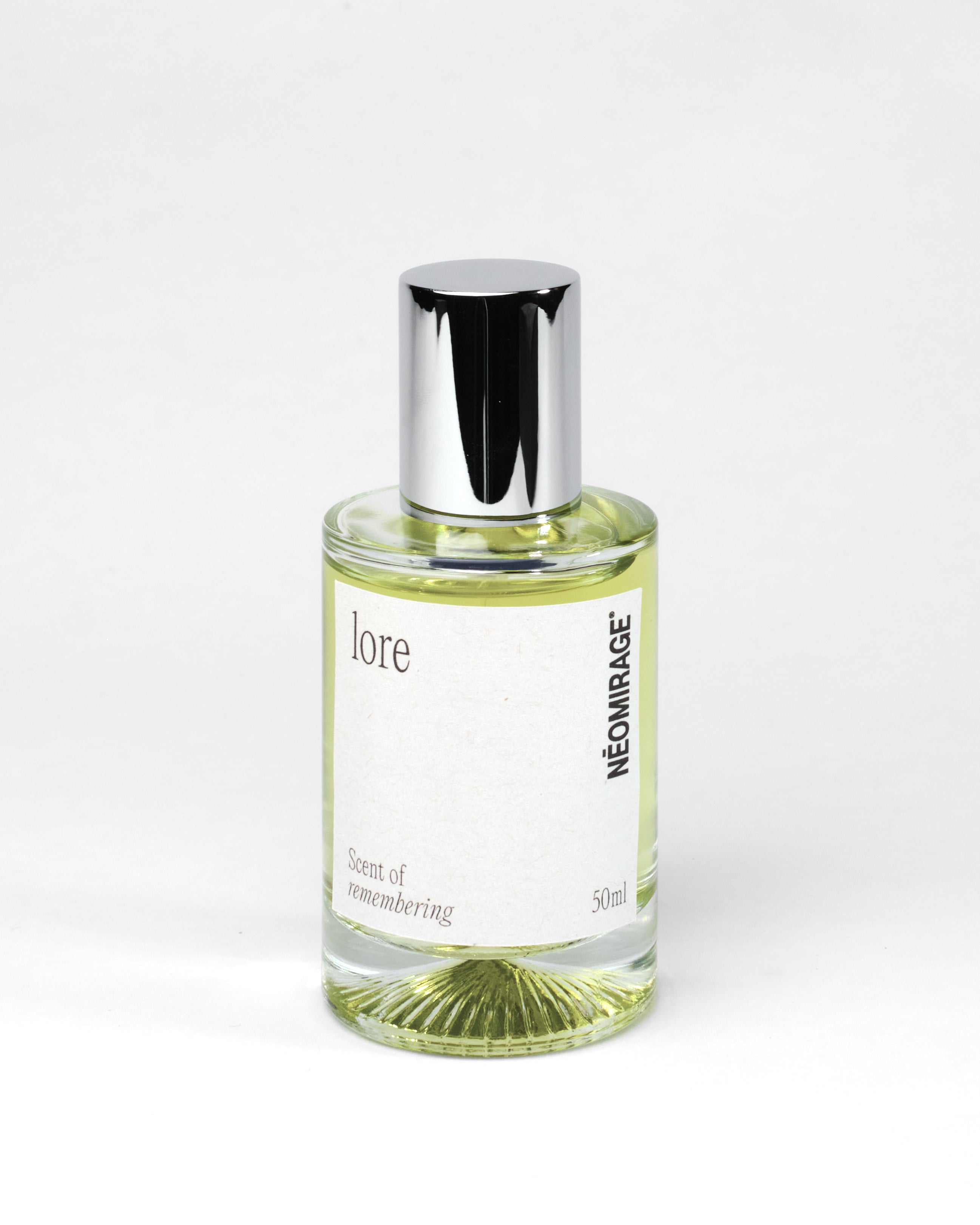Perfume bottle labeled 'lore' by 'Neomirage' on a white background