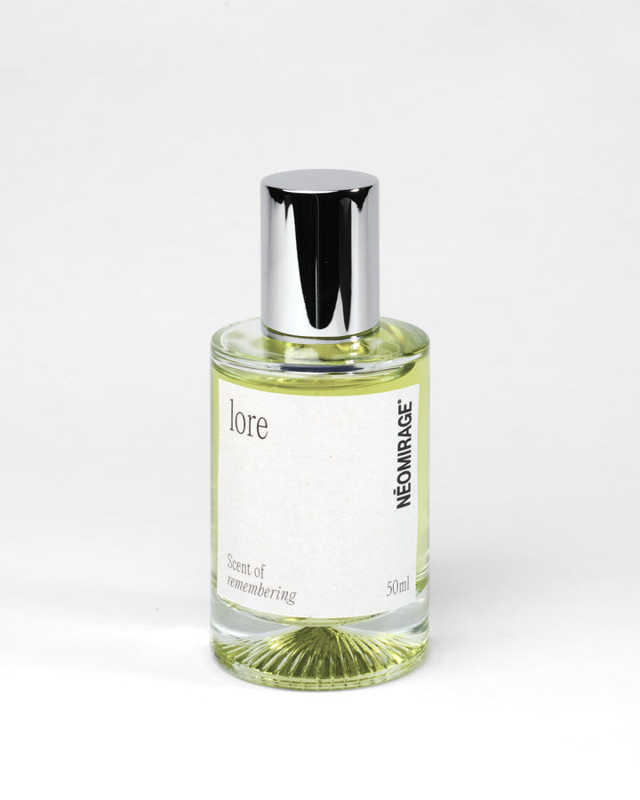 Perfume bottle labeled 'lore' by 'Neomirage' on a white background