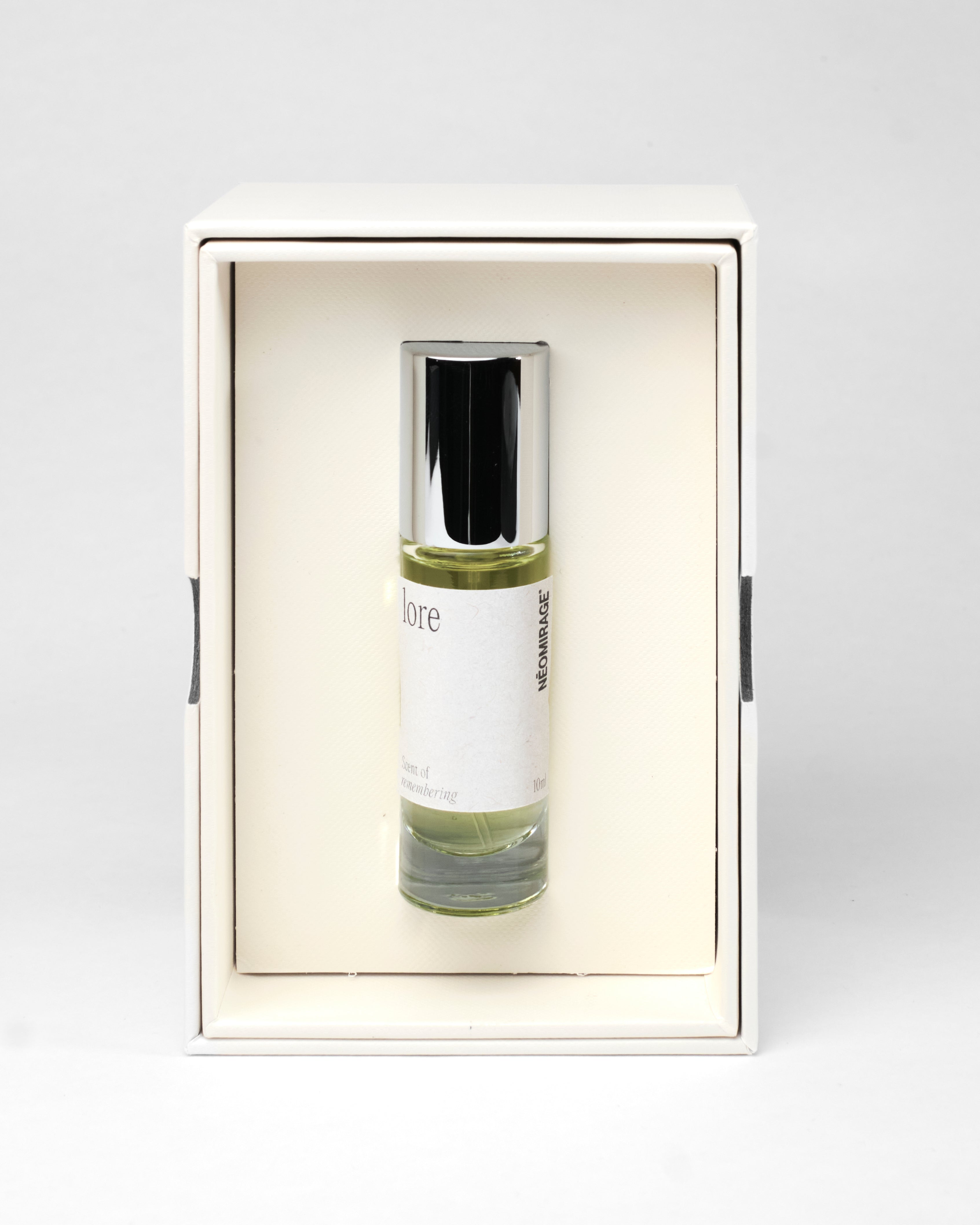 Perfume bottle and packaging labeled 'lore' by 'Neomirage' on a white background