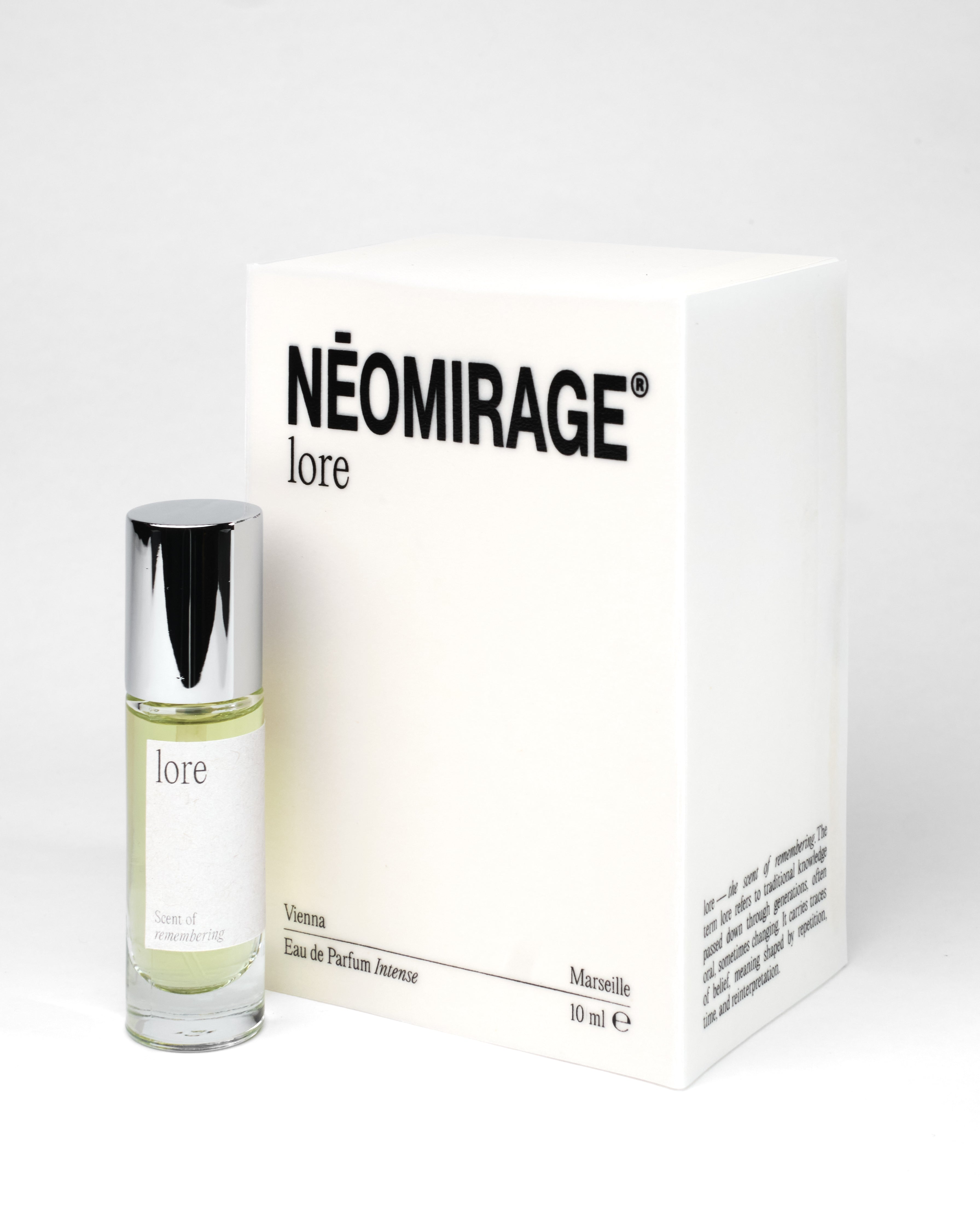 Perfume bottle and packaging labeled 'lore' by 'Neomirage' on a white background