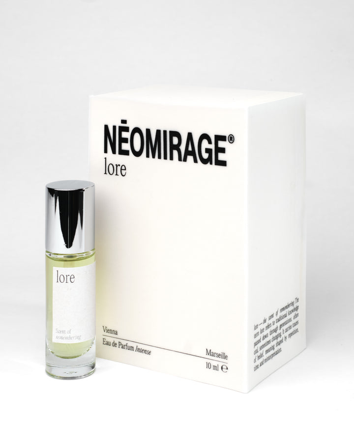 Perfume bottle and packaging labeled 'lore' by 'Neomirage' on a white background