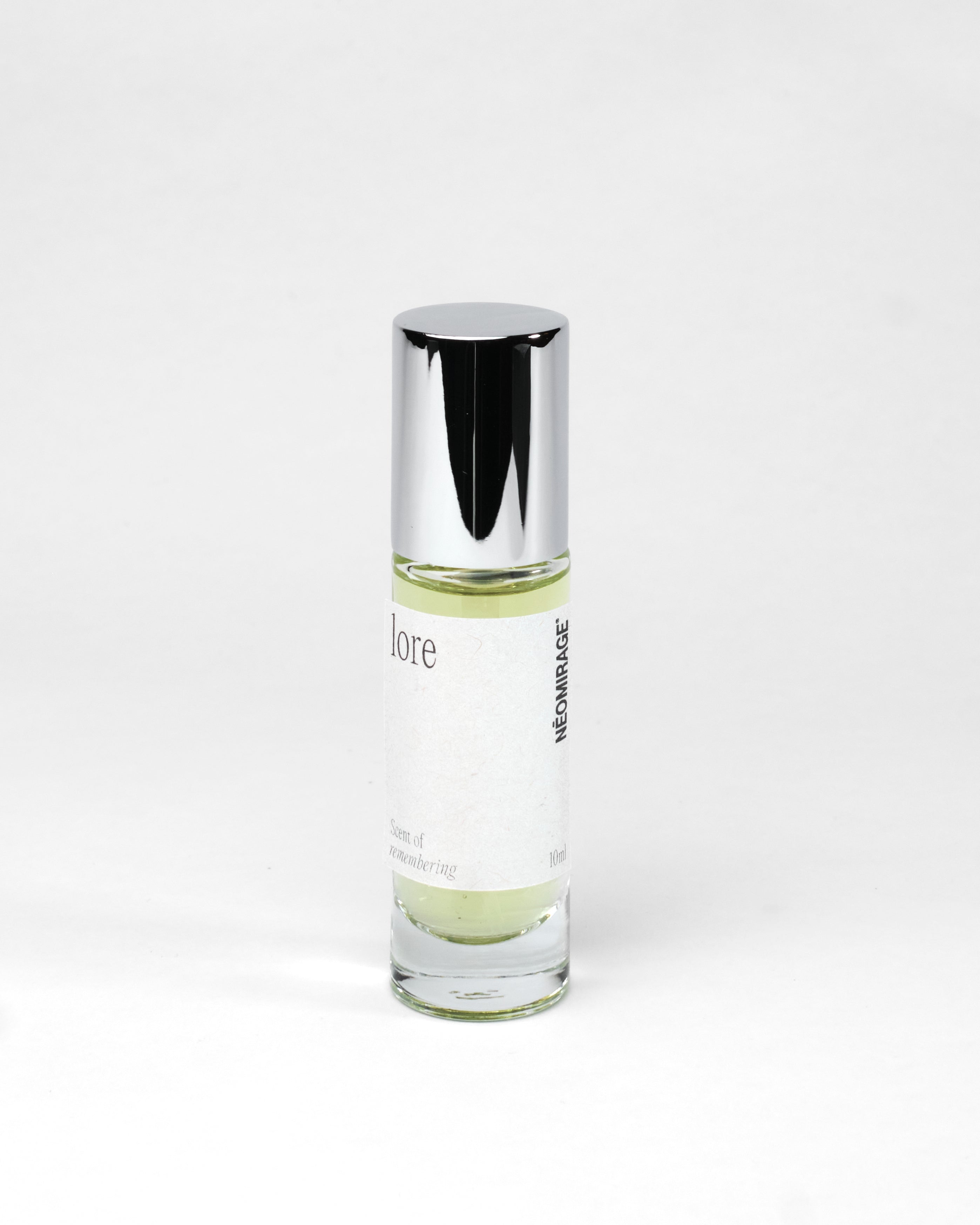Perfume bottle labeled 'lore' by 'Neomirage' on a white background