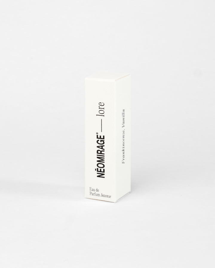 Perfume bottle packaging labeled 'lore' by 'Neomirage' on a white background