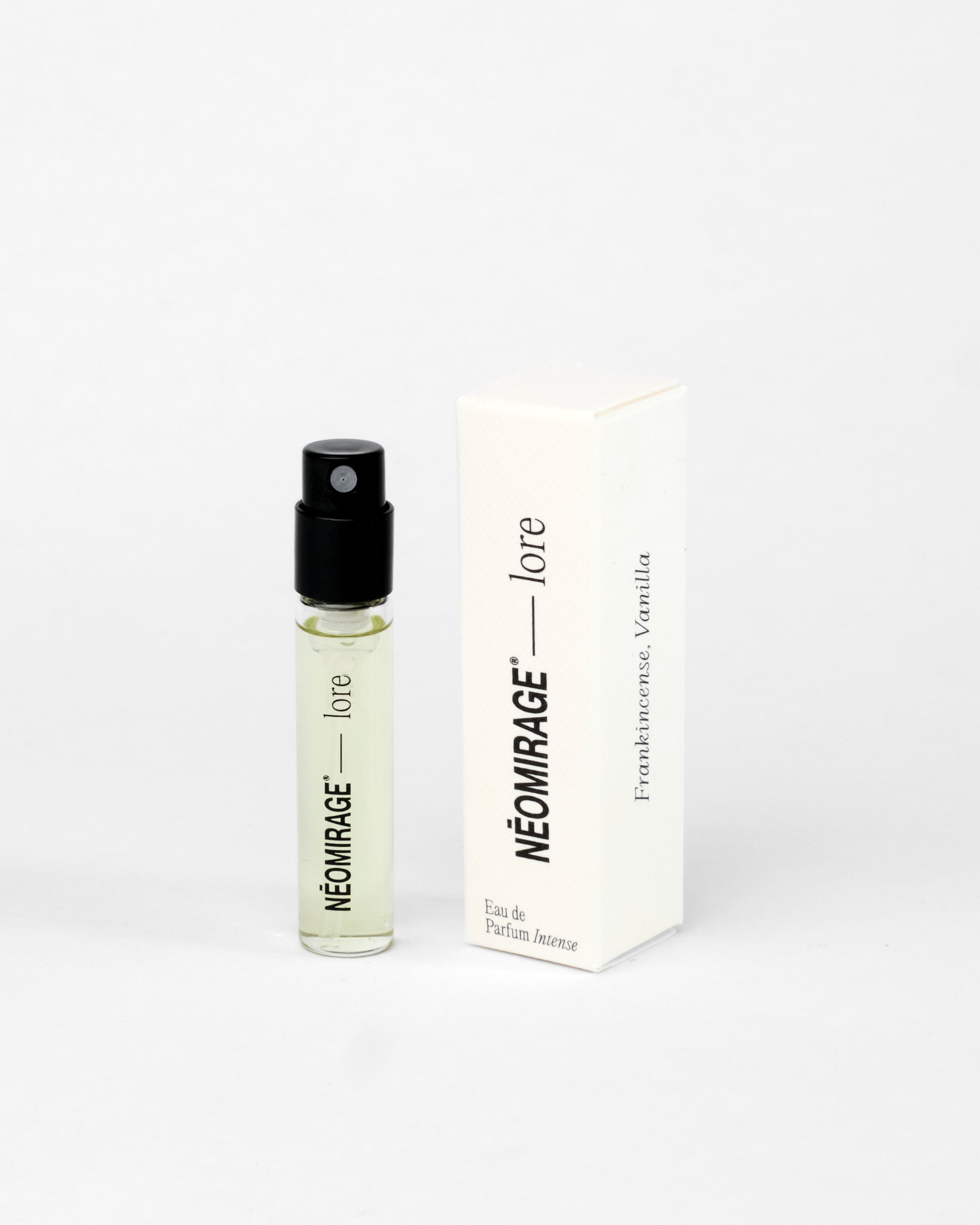 Perfume bottle and packaging labeled 'lore' by 'Neomirage' on a white background